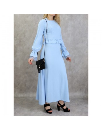 Robe longue casual fluide évasée à volants pour femme - Couleur bleu ciel 