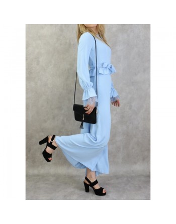Robe longue casual fluide évasée à volants pour femme - Couleur bleu ciel 