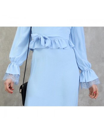 Robe longue casual fluide évasée à volants pour femme - Couleur bleu ciel 