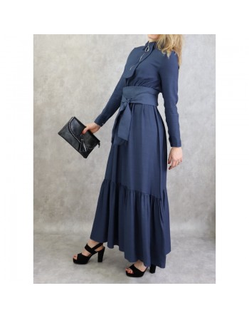Robe longue style casual avec ceinture à nouer pour femme - Couleur Bleu 