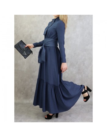 Robe longue style casual avec ceinture à nouer pour femme - Couleur Bleu 