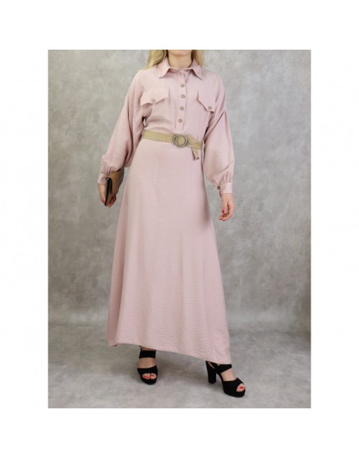 Robe longue évasée avec ceinture tressée - Couleur rose pale Robe longue évasée avec ceinture tressée - Couleur rose pale