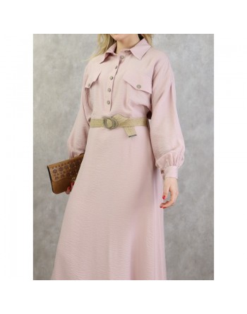 Robe longue évasée avec ceinture tressée - Couleur rose pale 