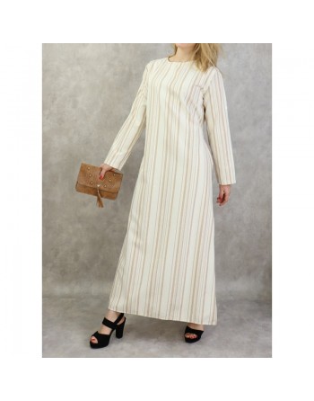 Robe longue en coton à rayures de couleurs beige et blanc cassé 