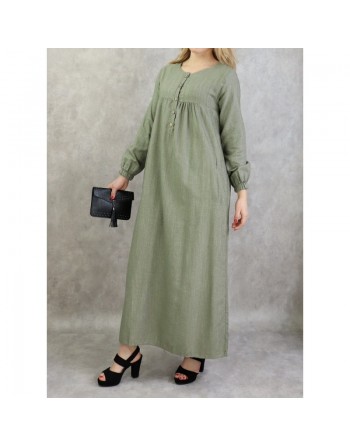 Robe longue effet tissé boutonnée avec poches pour femme - Couleur kaki 