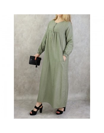 Robe longue effet tissé boutonnée avec poches pour femme - Couleur kaki 