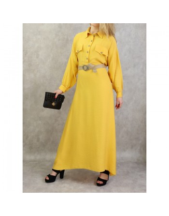 Robe longue évasée avec ceinture tressée - Couleur jaune 