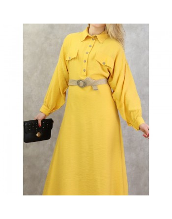 Robe longue évasée avec ceinture tressée - Couleur jaune 