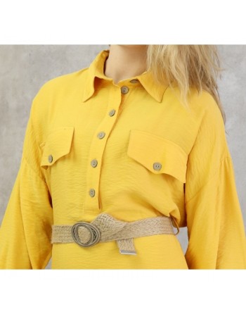 Robe longue évasée avec ceinture tressée - Couleur jaune 
