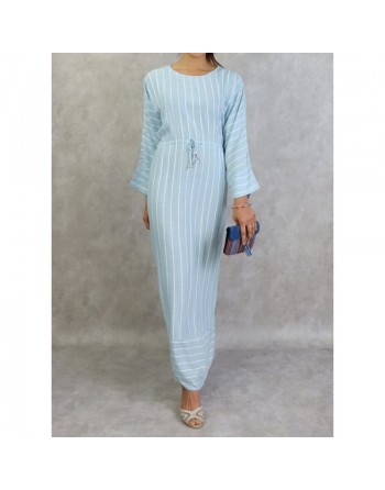Robe longue en coton à rayures blanches - Couleur bleu ciel 
