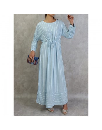 Robe longue en coton à rayures blanches - Couleur bleu ciel 