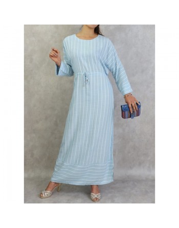 Robe longue en coton à rayures blanches - Couleur bleu ciel 
