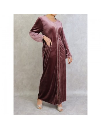 Robe longue en velours avec fermeture zip de couleur vieux rose 