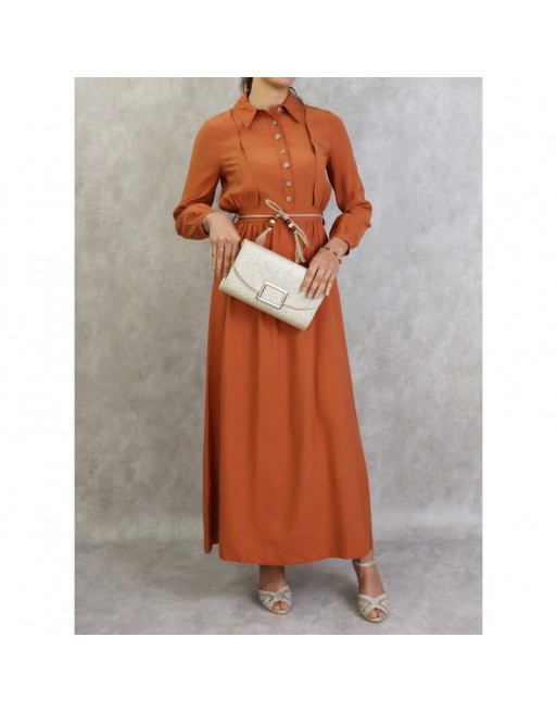 Robe longue avec ceinture tressée de couleur brique - Tenue casual pour femme Robe longue avec ceinture tressée de couleur brique - Tenue casual pour femme