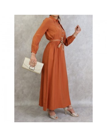 Robe longue avec ceinture tressée de couleur brique - Tenue casual pour femme 