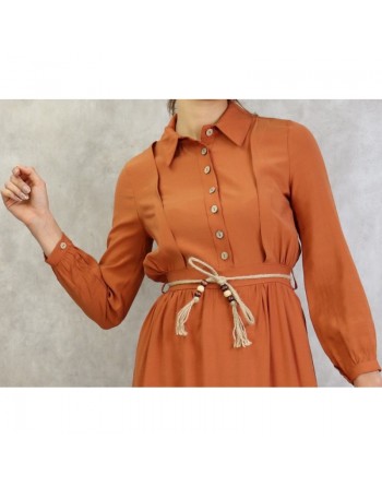 Robe longue avec ceinture tressée de couleur brique - Tenue casual pour femme 