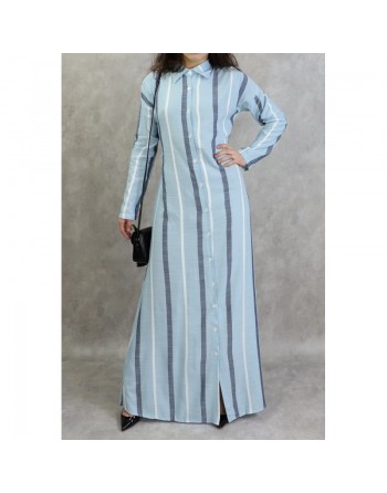 Robe-chemise longue boutonnée tissu en coton à rayures - Couleur bleue 