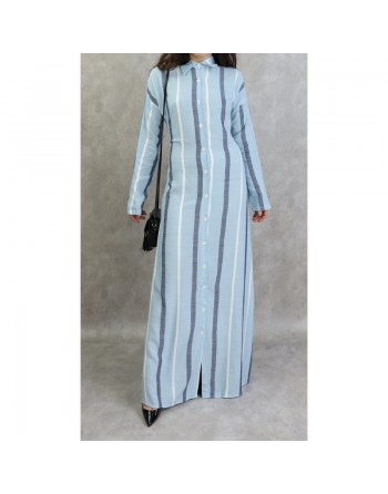 Robe-chemise longue boutonnée tissu en coton à rayures - Couleur bleue 