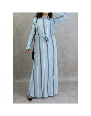 Robe-chemise longue boutonnée tissu en coton à rayures - Couleur bleue 