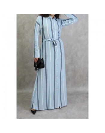 Robe-chemise longue boutonnée tissu en coton à rayures - Couleur bleue 
