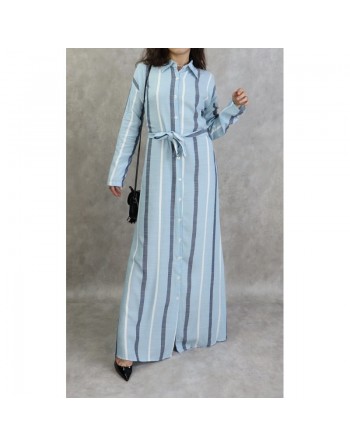 Robe-chemise longue boutonnée tissu en coton à rayures - Couleur bleue 