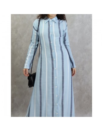 Robe-chemise longue boutonnée tissu en coton à rayures - Couleur bleue 