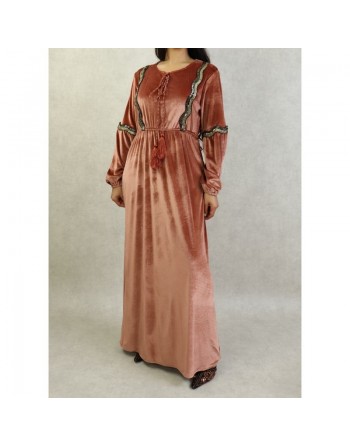 Robe oriental en velours avec broderies et paillettes pour femme (Saison Automne Hiver) - Couleur Brique clair 