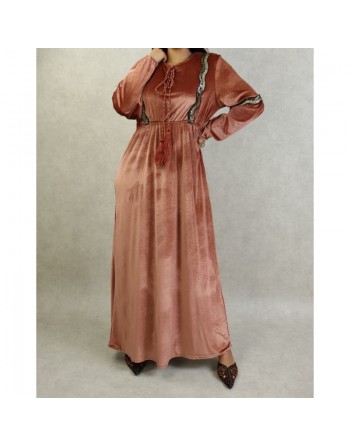 Robe oriental en velours avec broderies et paillettes pour femme (Saison Automne Hiver) - Couleur Brique clair 