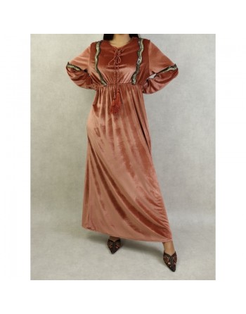 Robe oriental en velours avec broderies et paillettes pour femme (Saison Automne Hiver) - Couleur Brique clair 