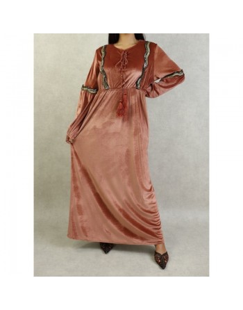 Robe oriental en velours avec broderies et paillettes pour femme (Saison Automne Hiver) - Couleur Brique clair 