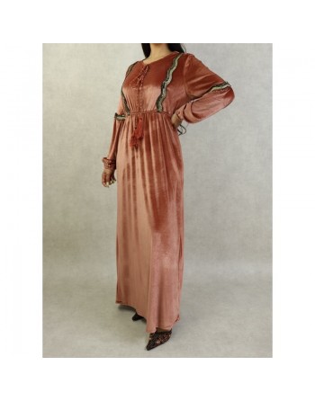 Robe oriental en velours avec broderies et paillettes pour femme (Saison Automne Hiver) - Couleur Brique clair 