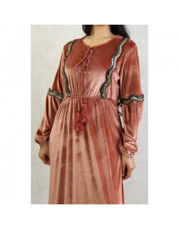 Robe oriental en velours avec broderies et paillettes pour femme (Saison Automne Hiver) - Couleur Brique clair 