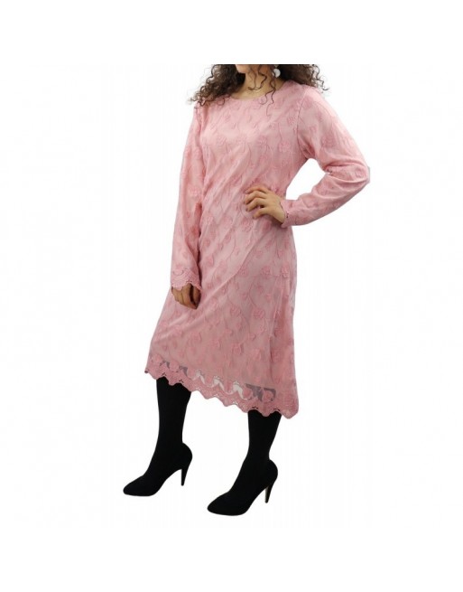 Robe-Tunique longue doublée rose avec dentelle et motifs floraux - Couleur rose Robe-Tunique longue doublée rose avec dentelle et motifs floraux - Couleur rose