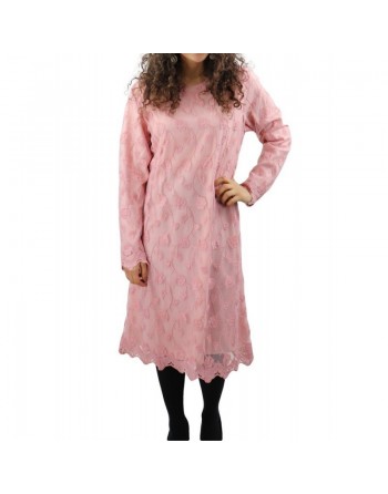 Robe-Tunique longue doublée rose avec dentelle et motifs floraux - Couleur rose 