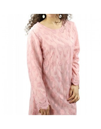 Robe-Tunique longue doublée rose avec dentelle et motifs floraux - Couleur rose 