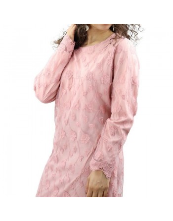 Robe-Tunique longue doublée rose avec dentelle et motifs floraux - Couleur rose 