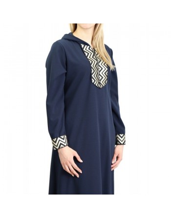 Robe longue type abaya marocaine avec capuche et motifs dorés - Couleur Bleu Marine 