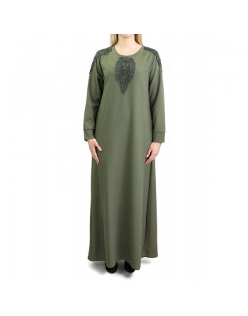 Robe maxi-longue évasée avec poches et broderies - Couleur Vert kaki 