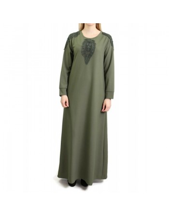 Robe maxi-longue évasée avec poches et broderies - Couleur Vert kaki 