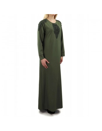 Robe maxi-longue évasée avec poches et broderies - Couleur Vert kaki 