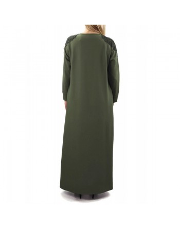 Robe maxi-longue évasée avec poches et broderies - Couleur Vert kaki 