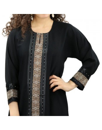 Abaya noire avec broderies manches longues avec foulard (écharpe) assorti 