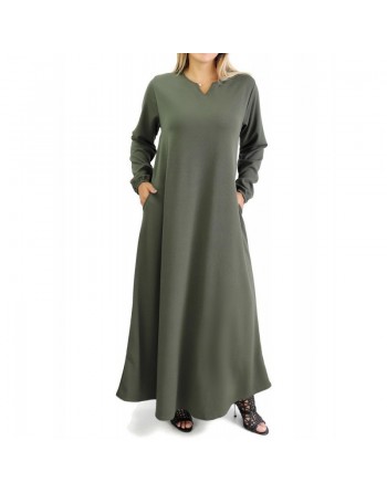 Robe basique évasée col V pour femme (Grande Taille) - Couleur Kaki 