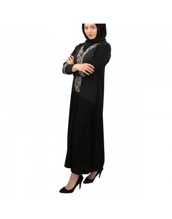 Abaya longue noire col en V "Dubai" avec broderies et strasse (écharpe assortie) 