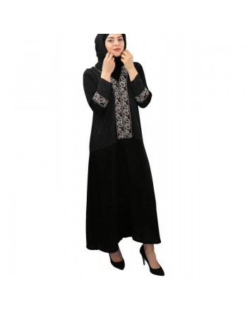 Abaya longue noire col en V "Dubai" avec broderies et strasse (écharpe assortie) 