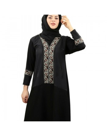 Abaya longue noire col en V "Dubai" avec broderies et strasse (écharpe assortie) 