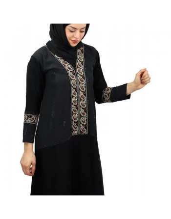 Abaya longue noire col en V "Dubai" avec broderies et strasse (écharpe assortie) 