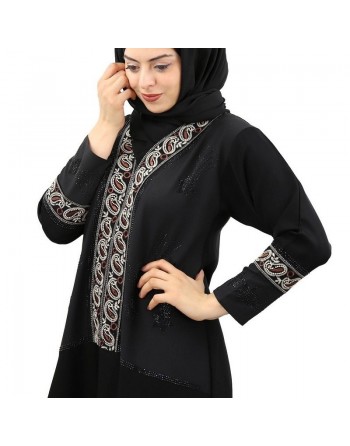 Abaya longue noire col en V "Dubai" avec broderies et strasse (écharpe assortie) 