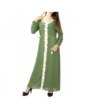 Robe longue fluide avec doublure ornée de broderies à pompons avec ceinture pour femme - Couleur kaki 