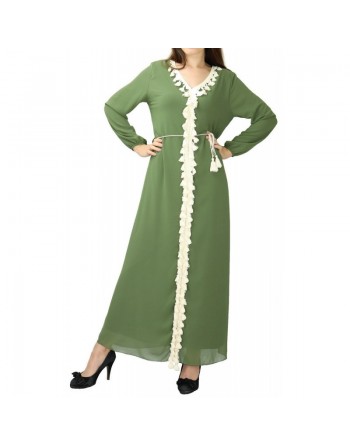 Robe longue fluide avec doublure ornée de broderies à pompons avec ceinture pour femme - Couleur kaki 